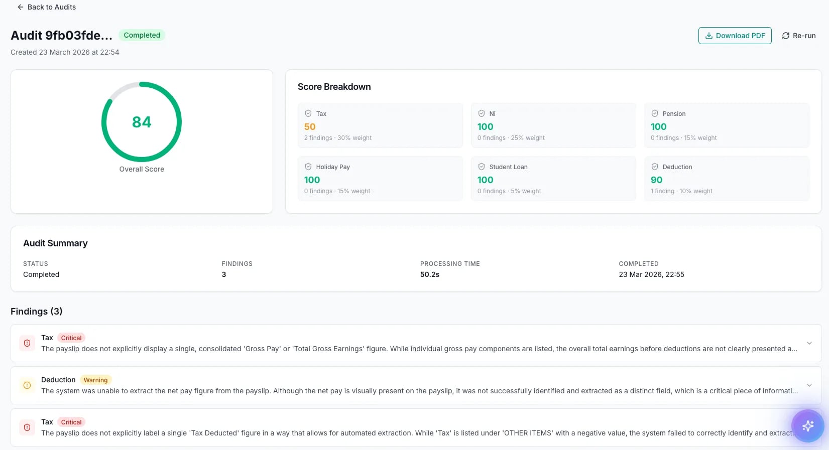 PaySentry audit results dashboard showing an 84 overall compliance score with breakdown across tax, NI, pension, holiday pay, student loan, and deduction categories