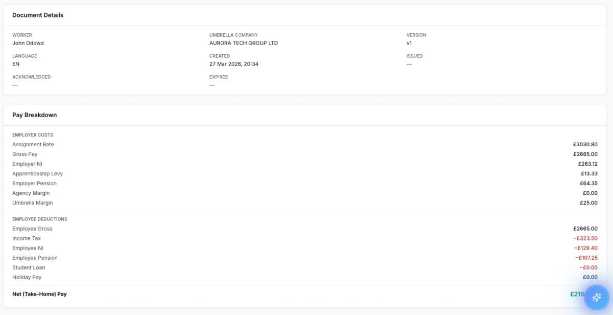 Key Information Document showing pay breakdown with employer costs, employee deductions, and net take-home pay